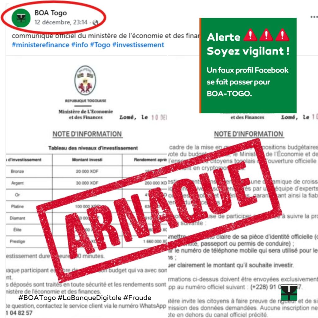 Alerte fraude : un faux compte Facebook se fait passer pour BOA-Togo