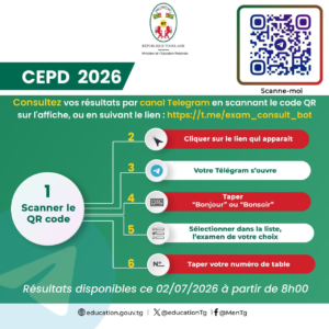 CEPD 2026 : les résultats disponibles ce 2 juillet dès 8h, voici comment consulter via Telegram par QR Code CEPD 2026 : les résultats disponibles ce 2 juillet dès 8h, voici comment consulter via Telegram par QR Code